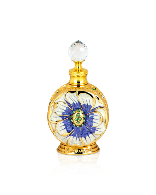 Swiss arabian layali perfume oil bottle with floral design and gold accents on a white background