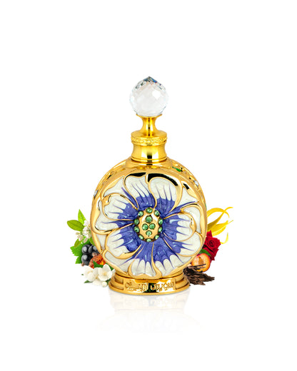 swiss arabian layali perfume oil bottle surrounded with its ingredients ike jasmine and rose with mnay others shows from behind the bottle against white background