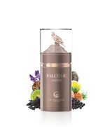 le falcone jasper perfume bottle surrounded by fragrance notes like citrus and spices shows against white background