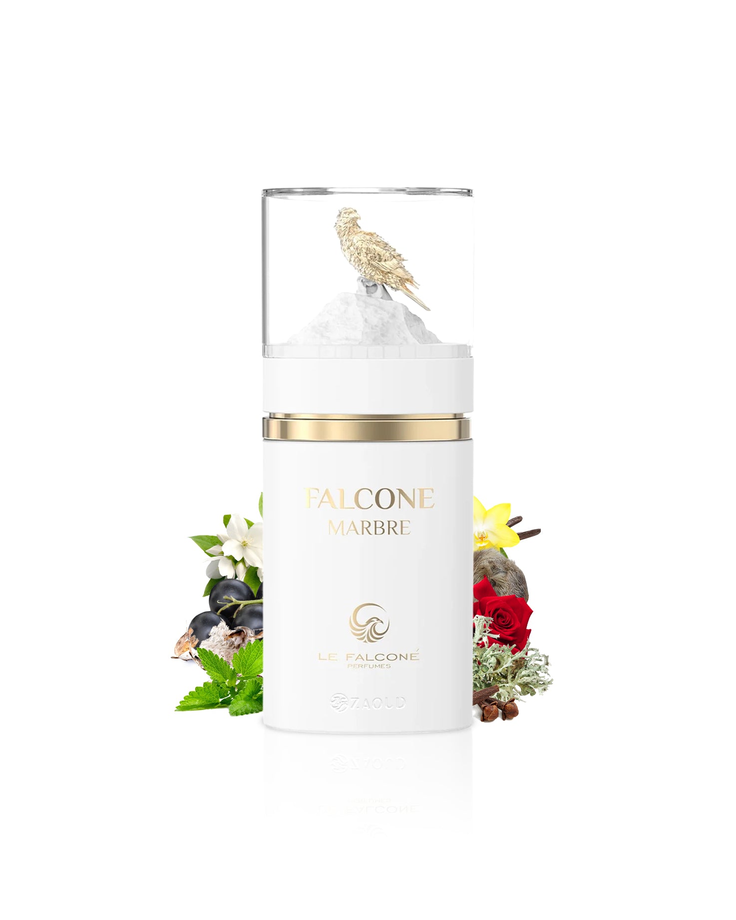 le falcone marbre White candle with gold lid featuring 'falcone Marbre' branding on a white background with decorative elements like mint and cloves.