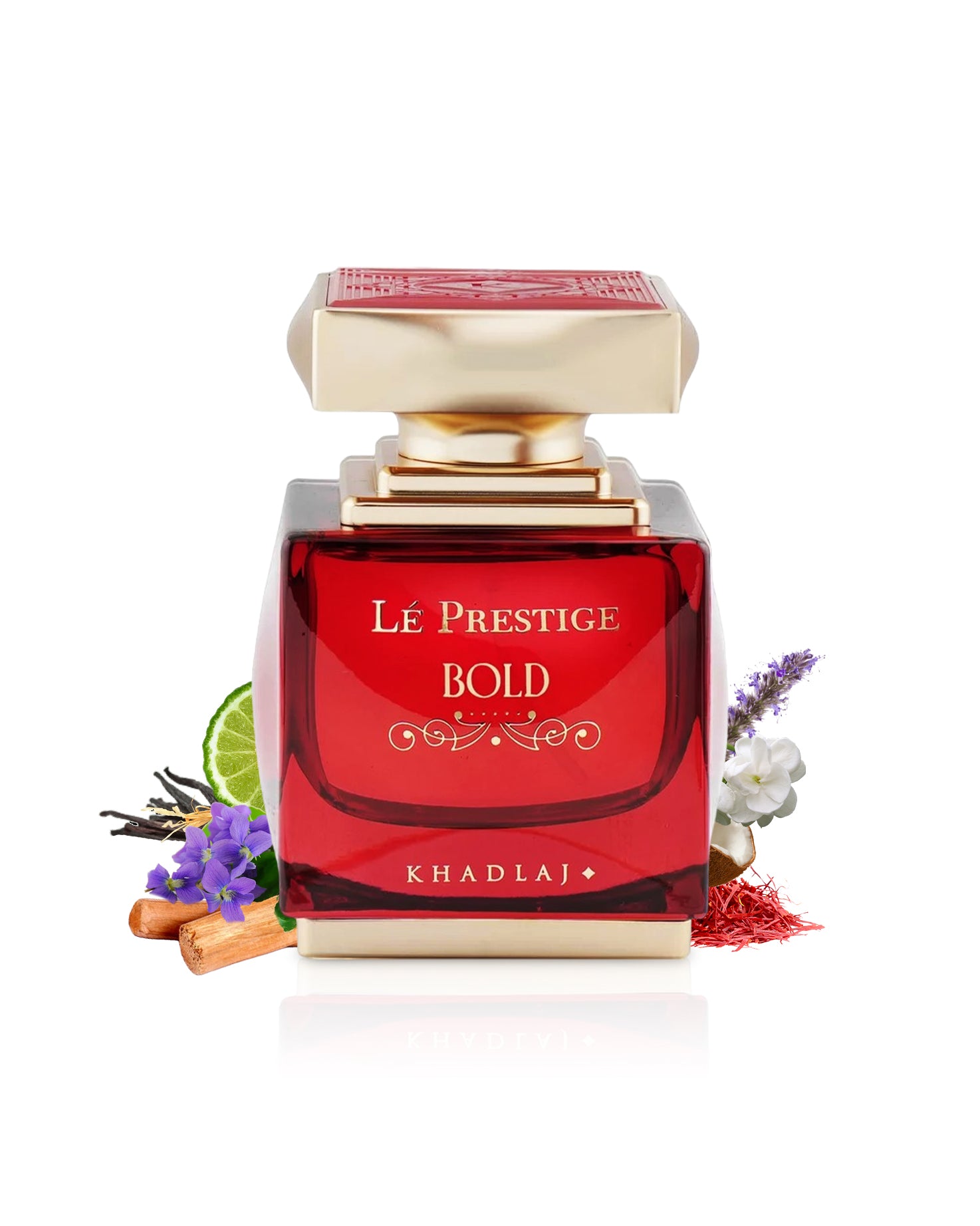 le prestige bold by khadlaj perfumes bottle surrounded with its ingredients like violet and citrus with many others shows from behind the bottle against white background