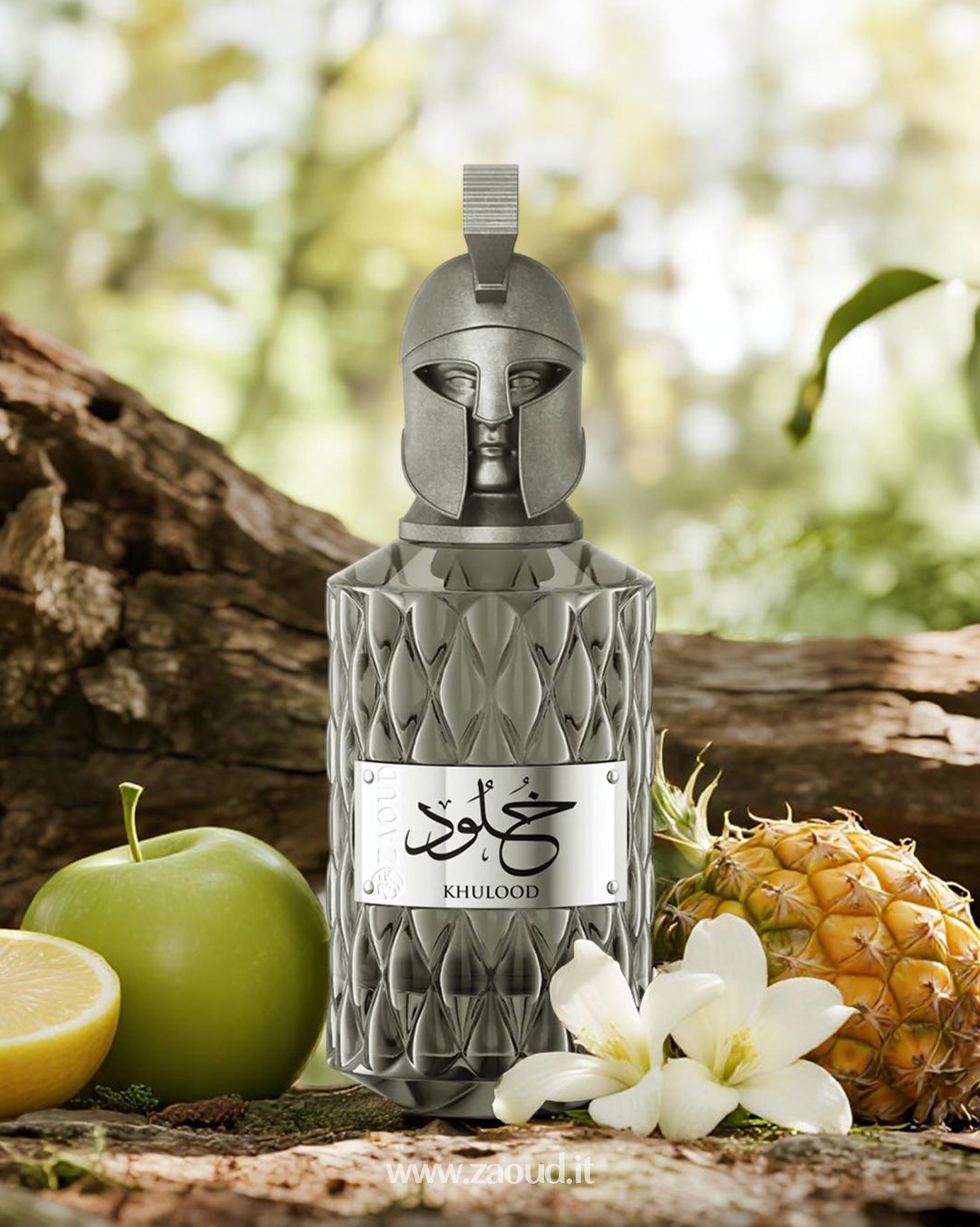 Perfume bottle with a warrior design surrounded by fruits and flowers on a natural background