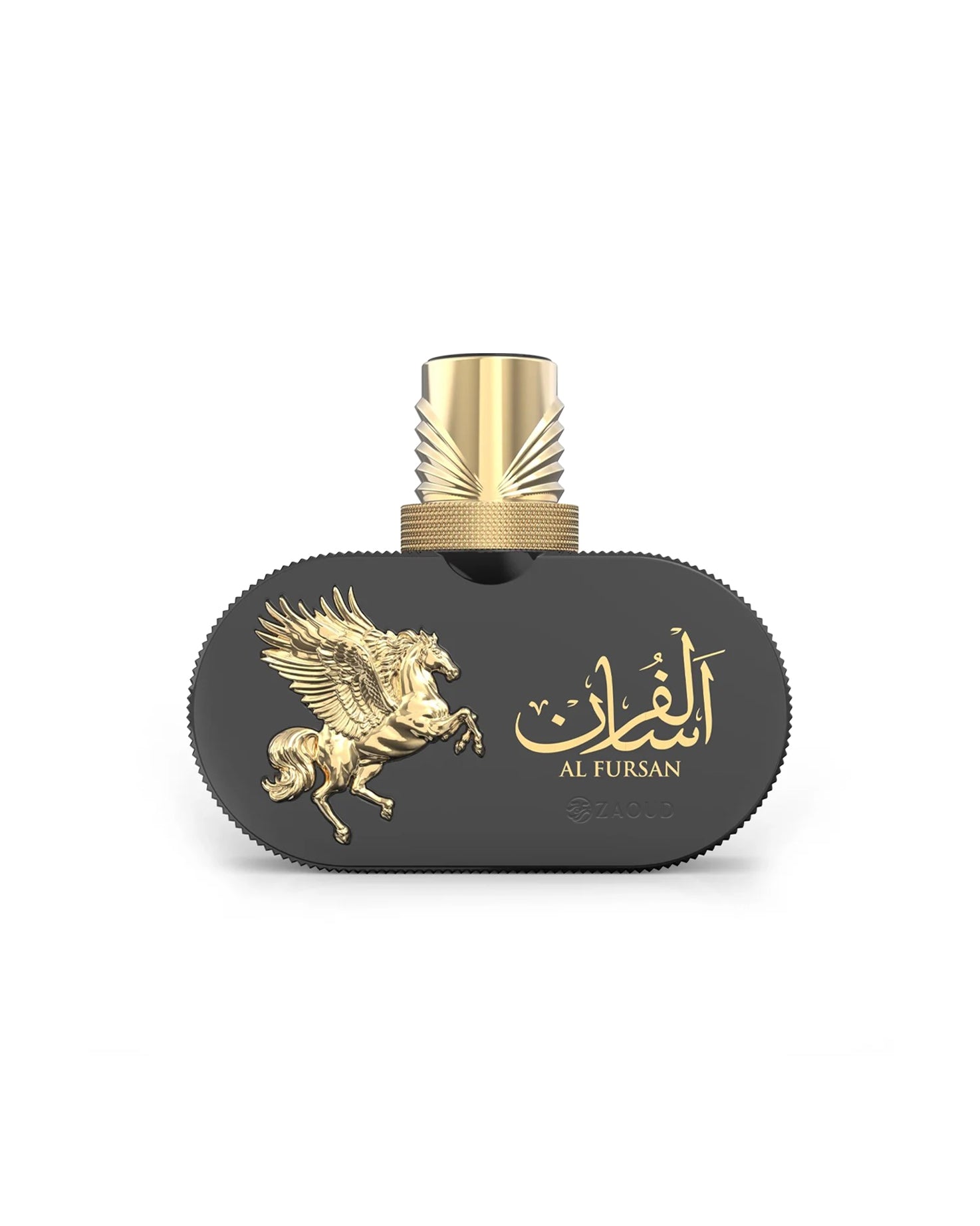 le falcone al fursan highfly Perfume bottle with gold cap and design on a white background