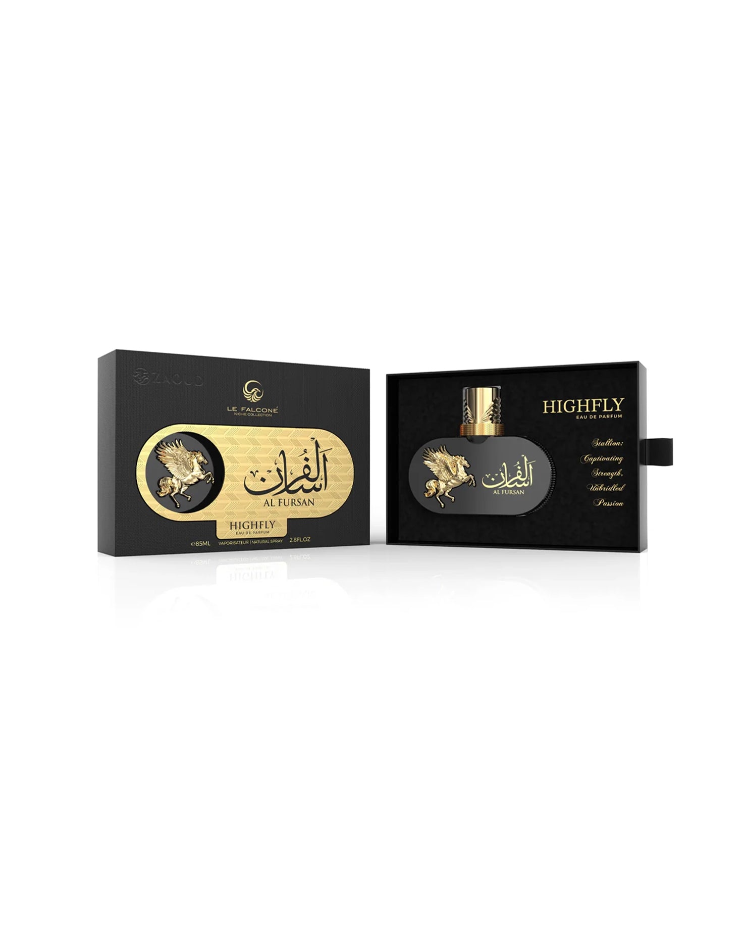 le falcone al fursan highfly perfume bottle and packaging on a white background