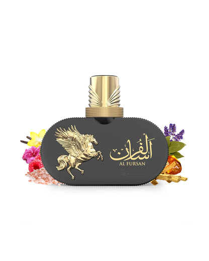 le falcone al fursan highfly Perfume bottle with gold cap and black base featuring 'Al Fursan' branding surrounded by fragrance notes like amber and salt on a white background.