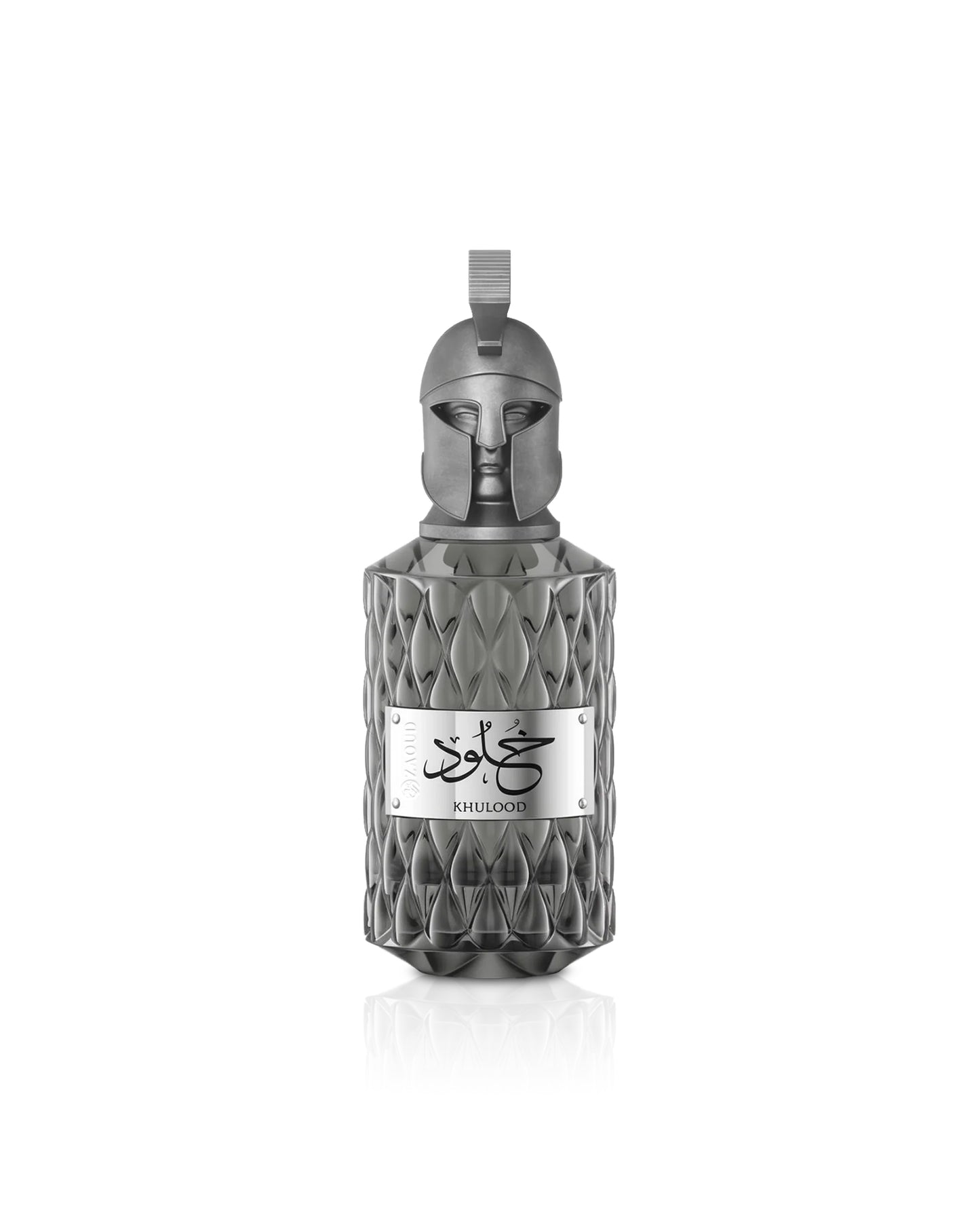 le falcone khulood Decorative bottle with geometric design and a label on a white background