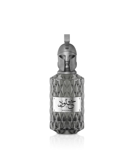 le falcone khulood Decorative bottle with geometric design and a label on a white background