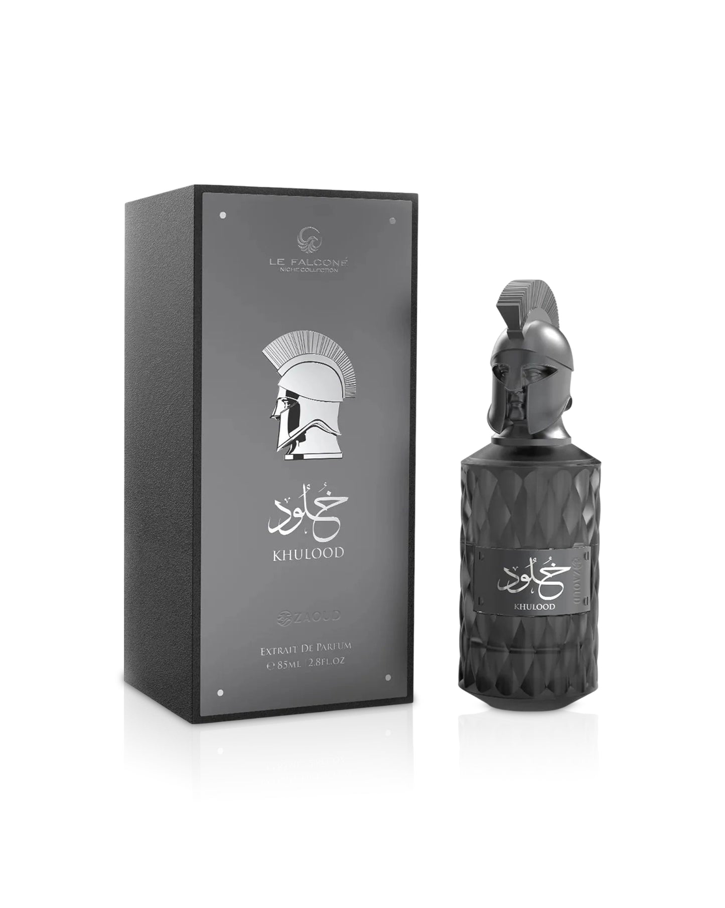 le falcone khulood Black perfume bottle and packaging with geometric design on a white background