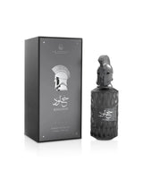 le falcone khulood Black perfume bottle and packaging with geometric design on a white background
