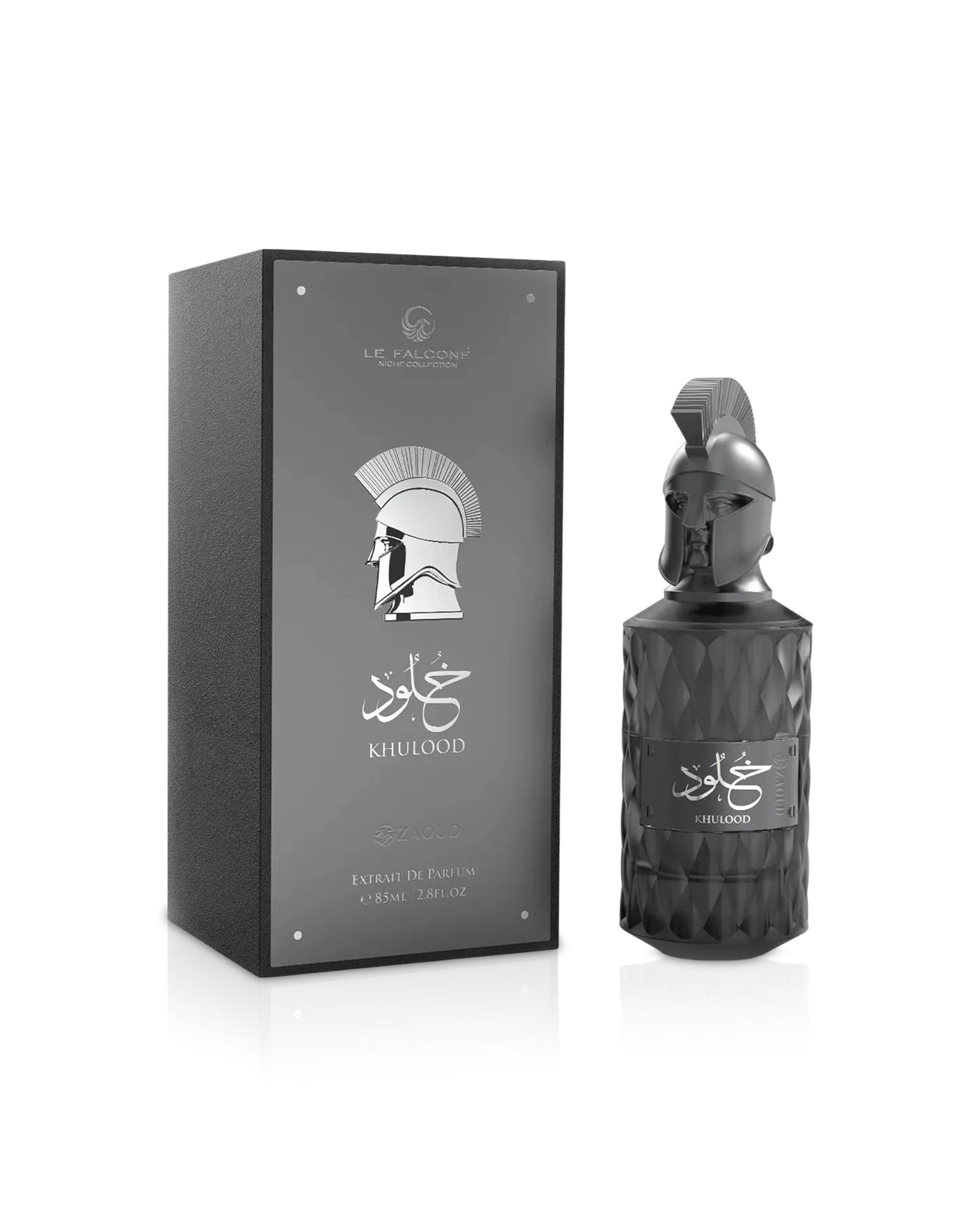 le falcone khulood Black perfume bottle and packaging with geometric design on a white background