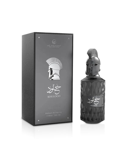le falcone khulood Black perfume bottle and packaging with geometric design on a white background