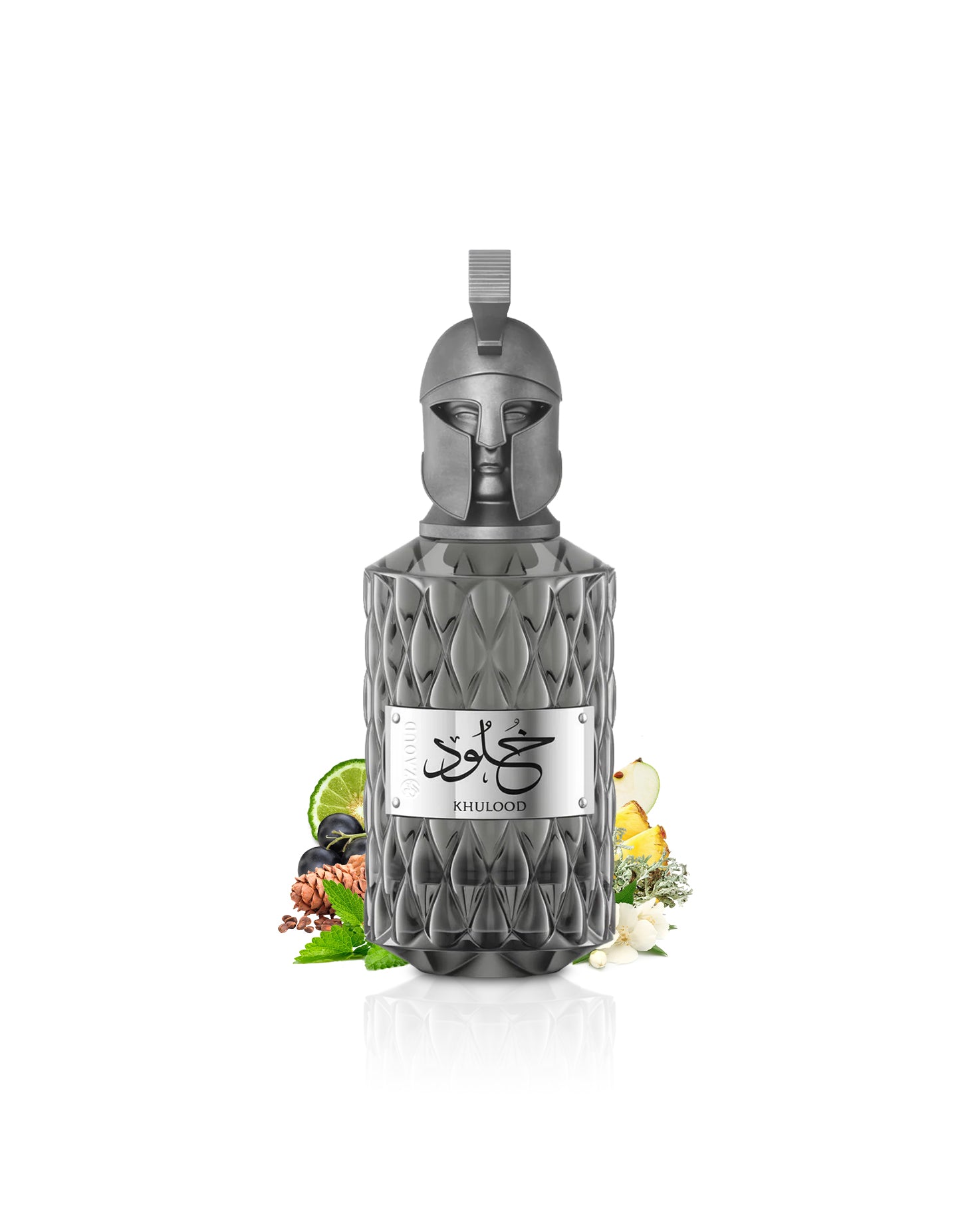 le falcone khulood Decorative bottle with geometric design and Arabic text on a white background surrounded by apple and mint.