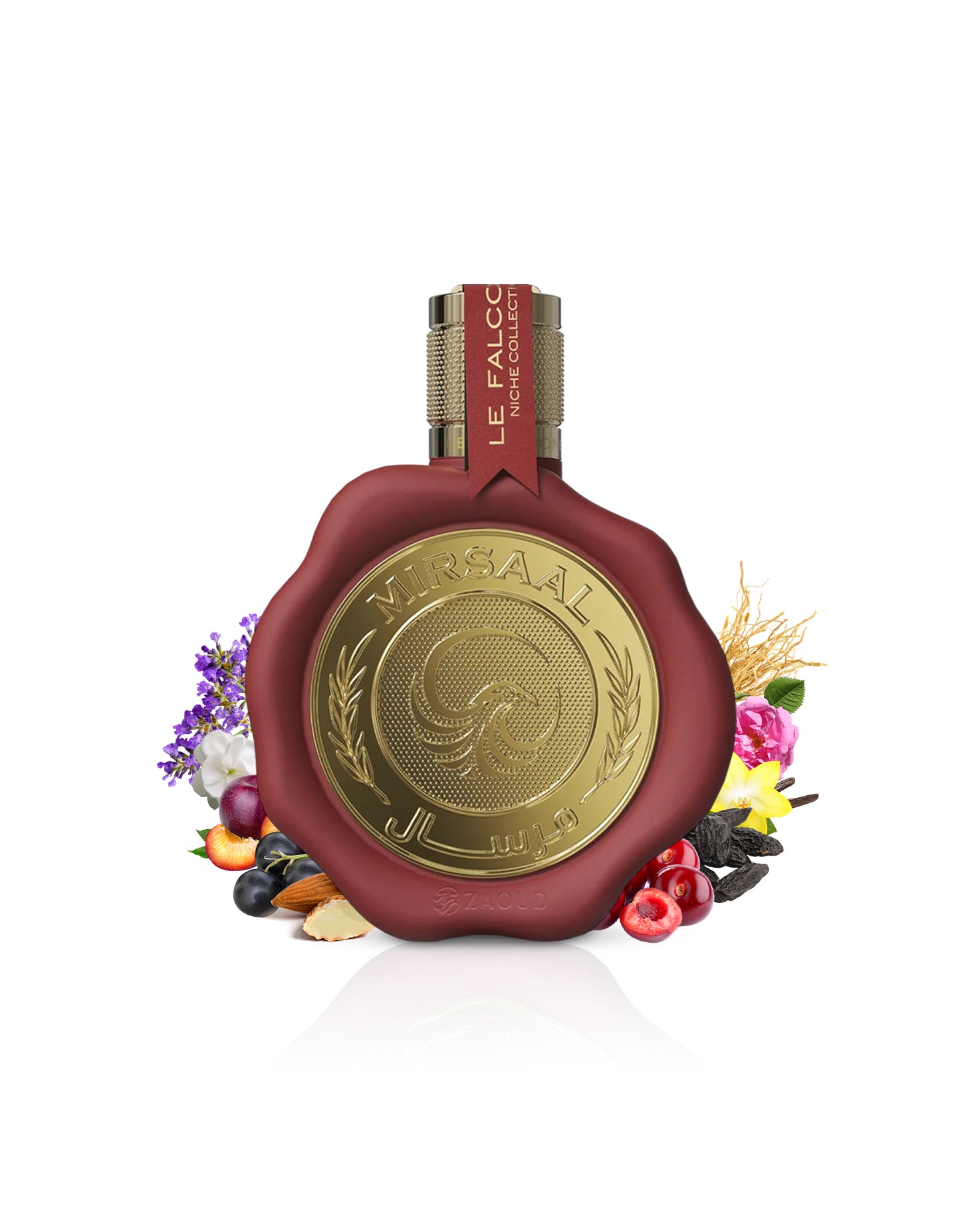 le falcone mirsaal love letter Red and gold perfume bottle with floral elements like almond and cherry on a white background