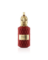 le falcone muharib Red perfume bottle with gold cap and label on a white background