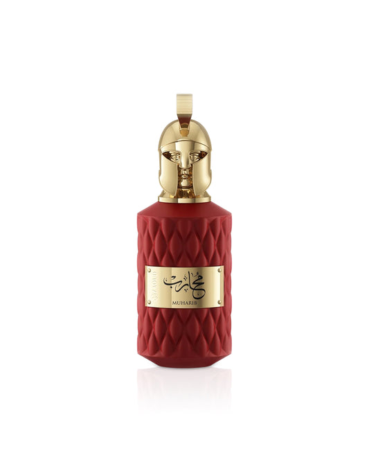 le falcone muharib Red perfume bottle with gold cap and label on a white background