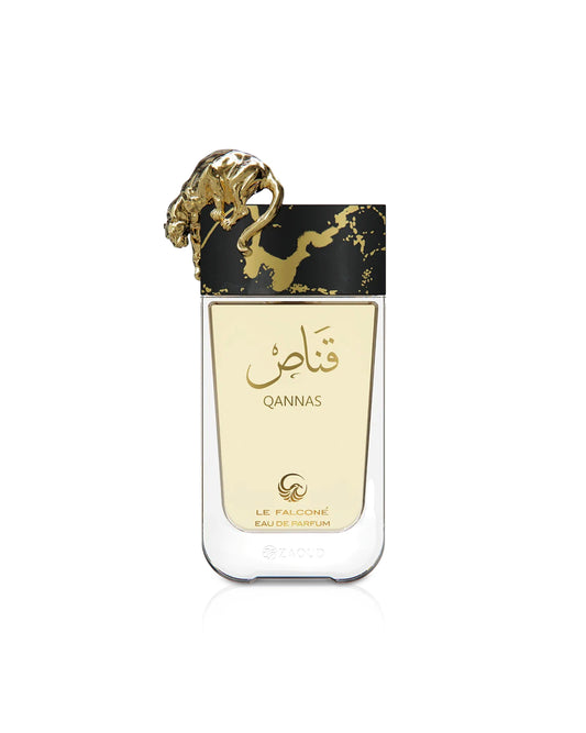 le falcone qannas Perfume bottle with gold and black design on a white background