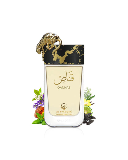 le falcone qannas Perfume bottle with decorative elements like mint and tonka  on a white background