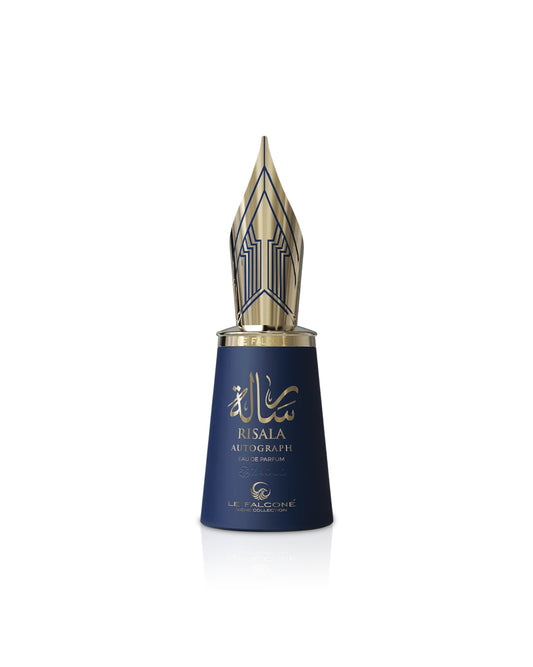 le falcone risala autograph Fountain pen with blue holder and gold accents on a white background