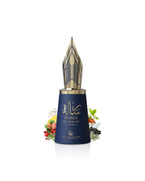 le falcone risala autograph peerfume bottle surrounded by tonka and jasmine Fountain pen with decorative cap on a white background