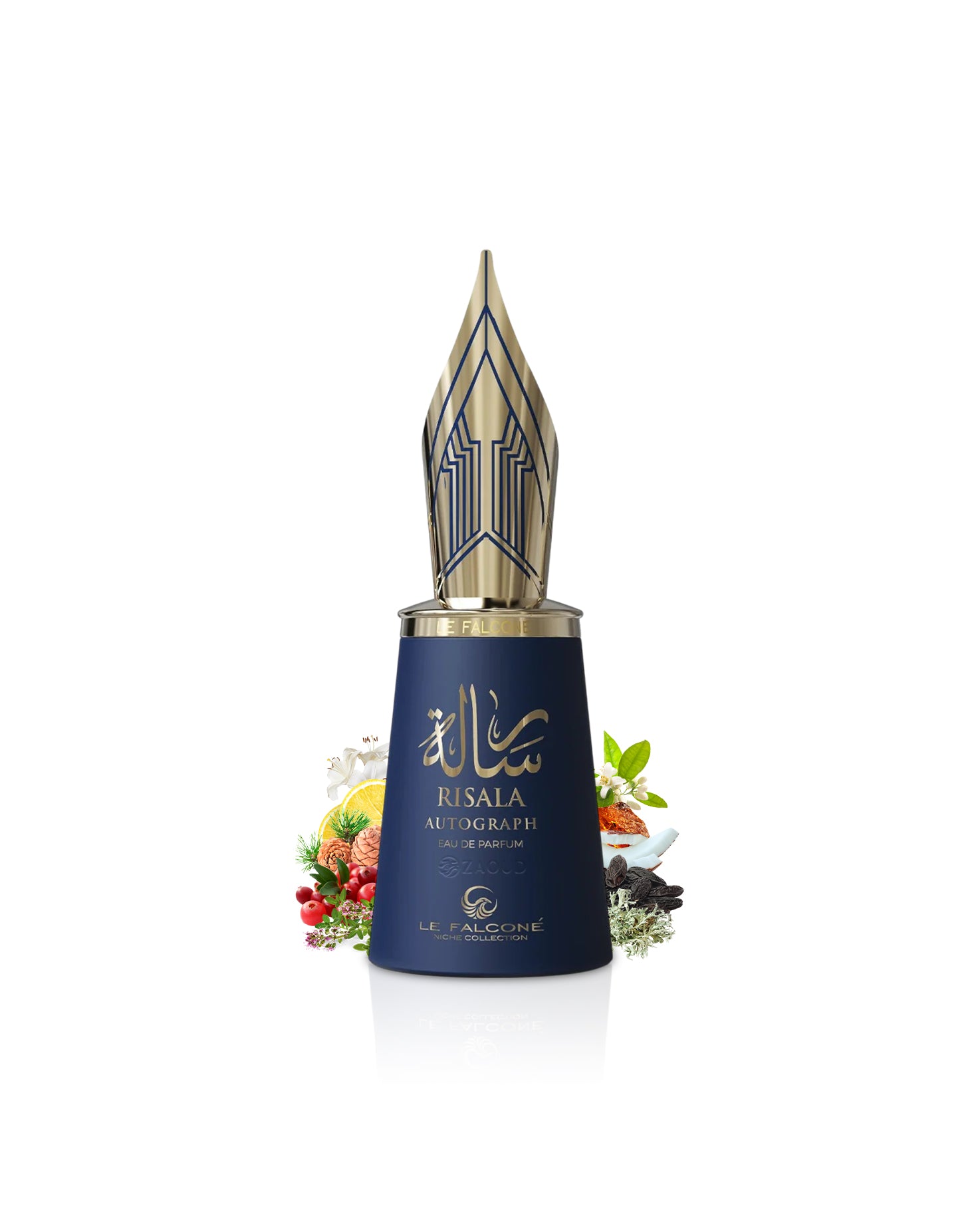 le falcone risala autograph peerfume bottle surrounded by tonka and jasmine Fountain pen with decorative cap on a white background