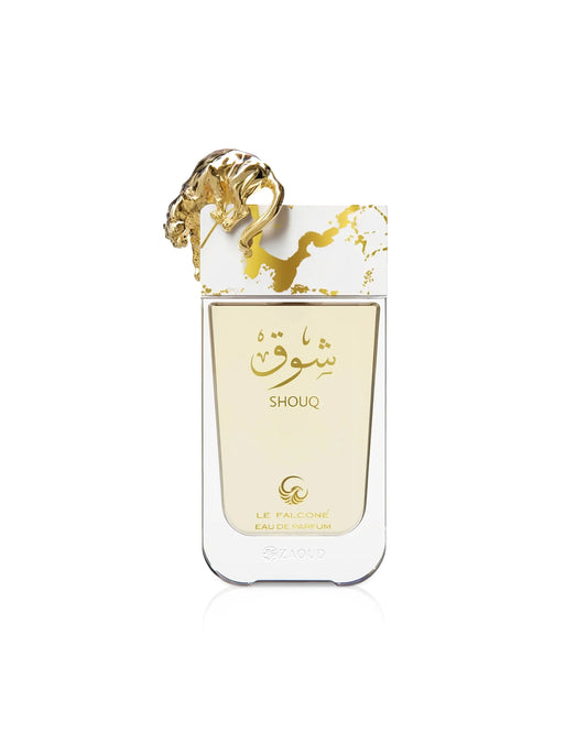 le falcone Shouq perfume bottle with gold accents on a white background