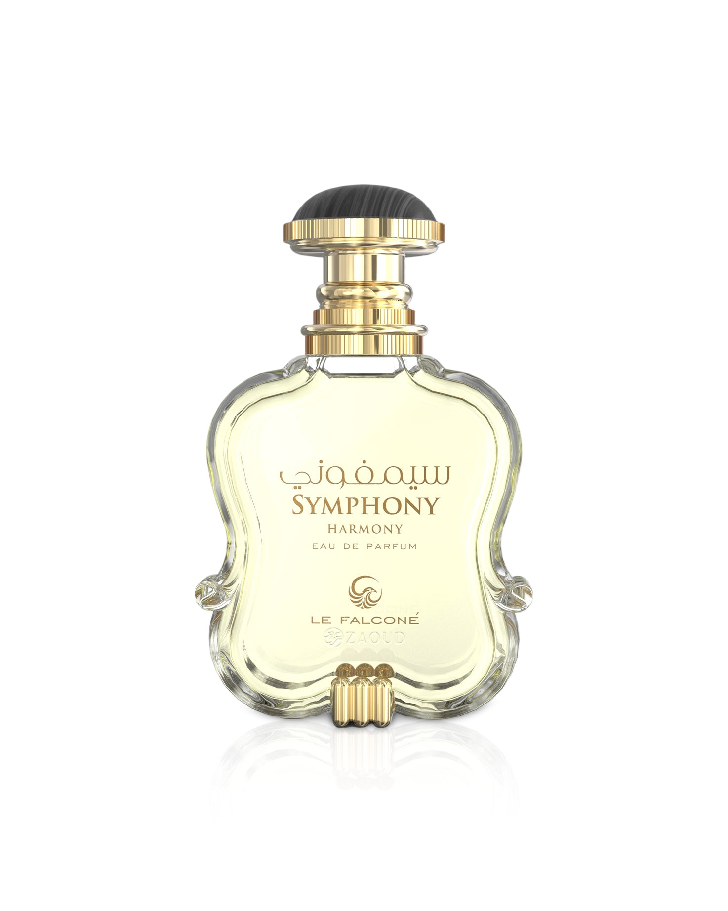 Perfume bottle labeled 'Symphony Harmony' by Le Falcone on a white background