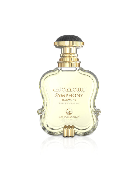 Perfume bottle labeled 'Symphony Harmony' by Le Falcone on a white background