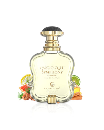 Perfume bottle labeled 'Symphony Harmony' by Le Falcone with decorative elements like ginger and citrus on a white background