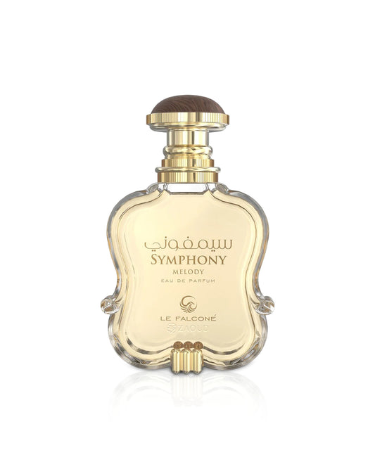 Perfume bottle labeled 'Symphony Melody' by Le Falcone on a white background
