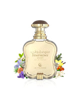 le falcone symphoni melody Perfume bottle labeled 'Symphony' with floral decorations like amber and fig  on a white background