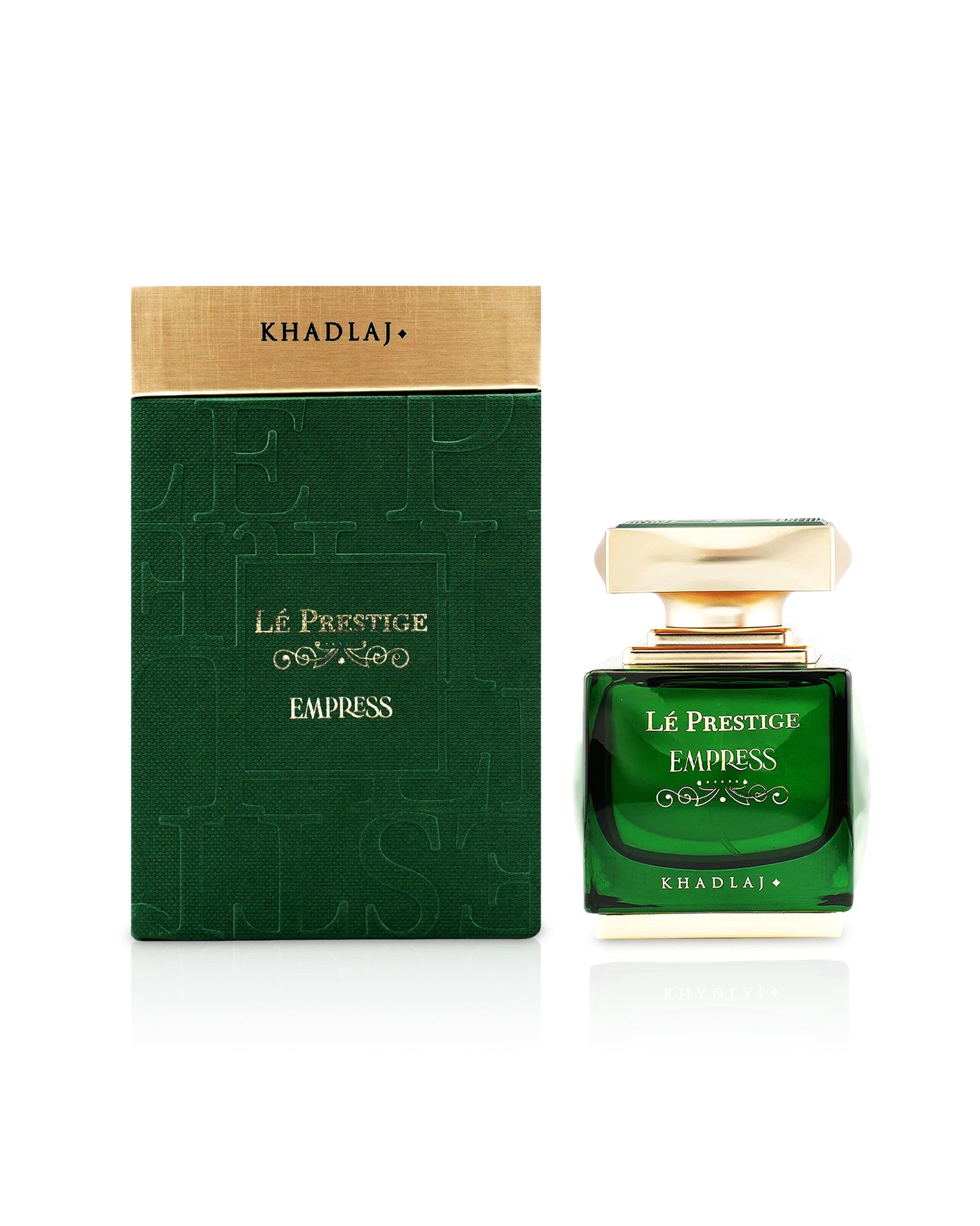 le prestige empress by khadlaj perume bottle shows beside its box against white background