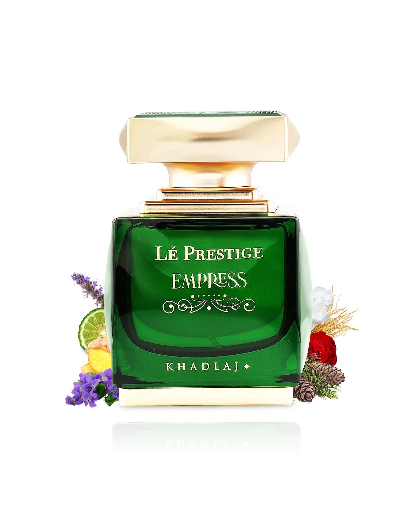 le prestige empress by khadlaj perume bottle surrounded with its ingredients like ginger and citrus with many others  shows from behind the bottle against white background