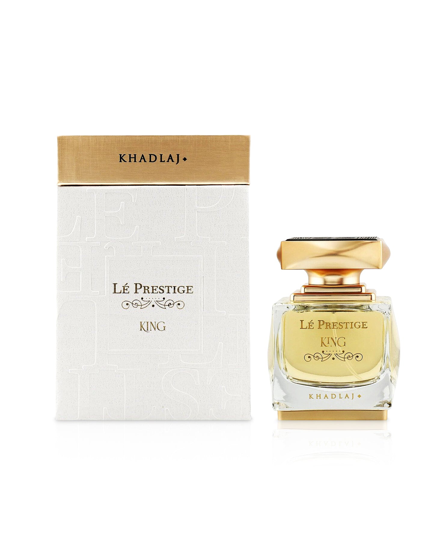 le prestige king by khadlaj perfume bottle shows beside its box against white background