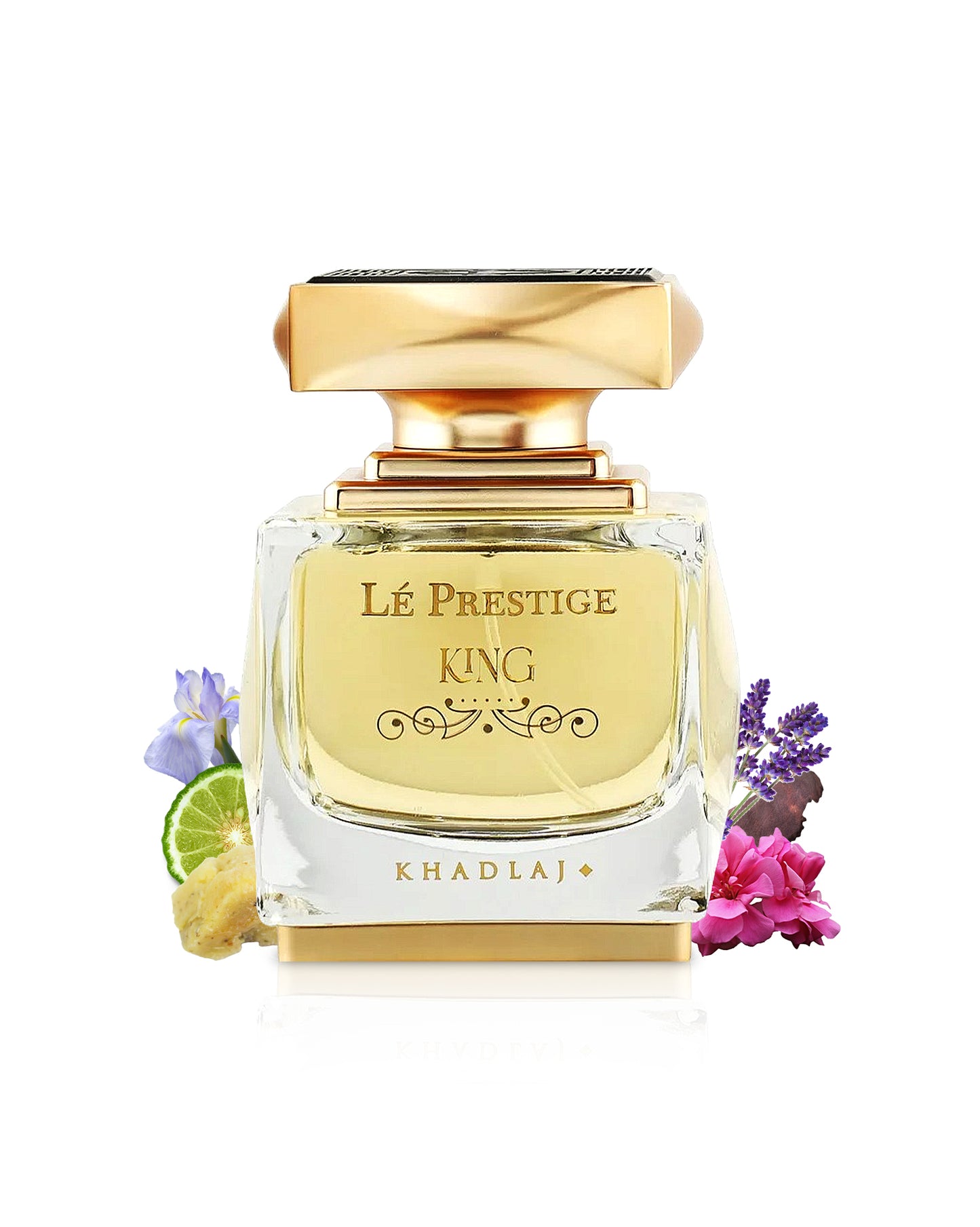 le prestige king by khadlaj perfume bottle surrounded with its ingredients like rose and citrus with many others shows from behind the bottle against white background