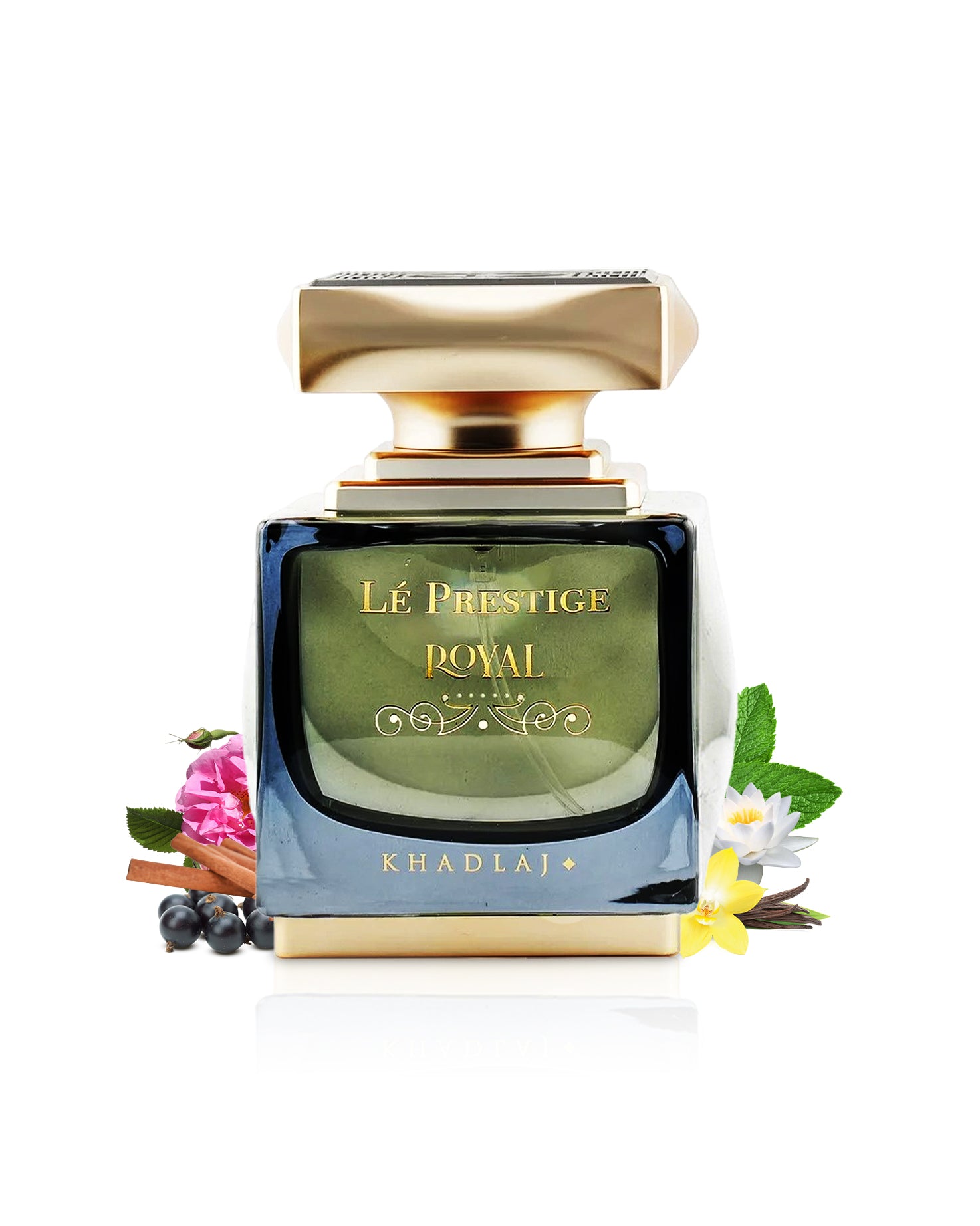 le prestige royal by khadlaj perfume bottle surrounded with its ingredients like sandalwood and vanilla with many others shows from behind the bottle against white background