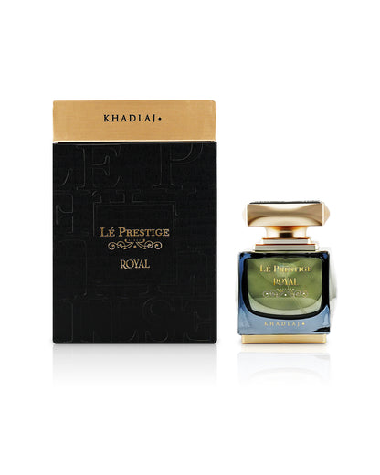 le prestige royal by khadlaj perfume bottle shows beside its box against white background