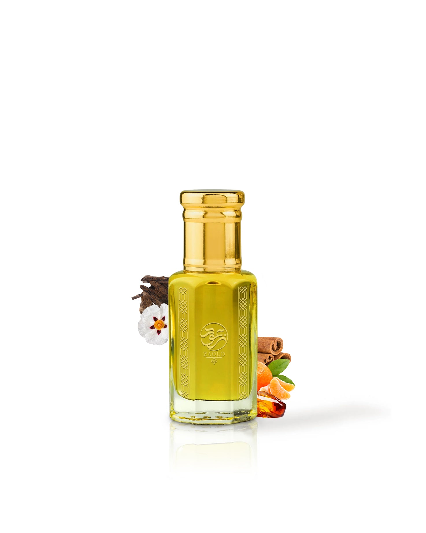 levana perfume oil bottle surrounded with fragrance notes like amber and labdanum shows against white background
