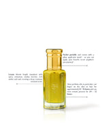 levana perfume oil bottle filled with yellow liquid, shown on a white background with callout text describing its scent and features. The bottle has a gold cap and a visible embossed logo on the front.
