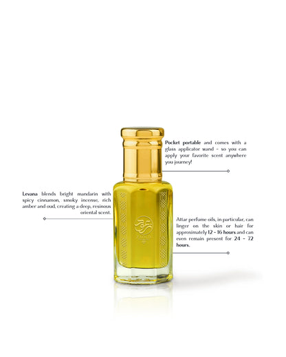 levana perfume oil bottle filled with yellow liquid, shown on a white background with callout text describing its scent and features. The bottle has a gold cap and a visible embossed logo on the front.