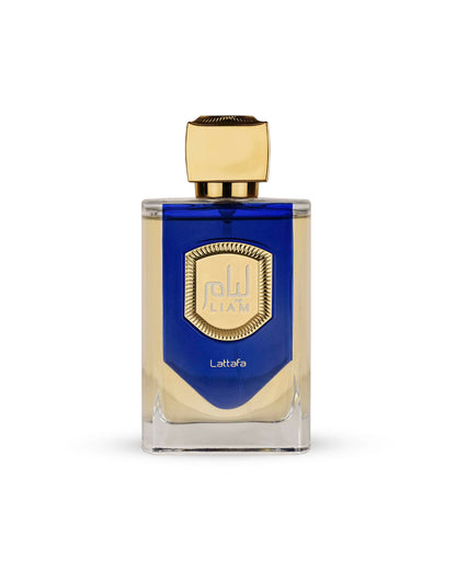 liam blue shine by lattafa perfume bottle shows against white background