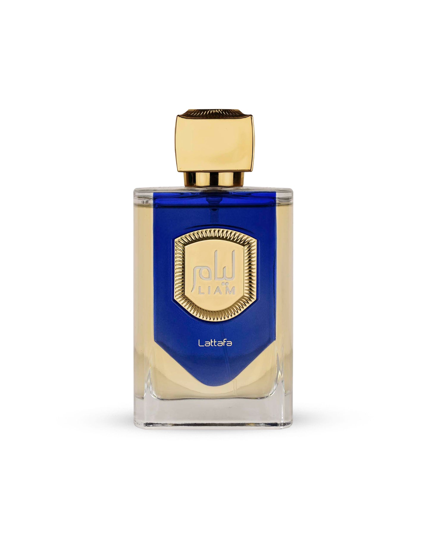 Lattafa liam blue shine Perfume bottle with blue label and gold accents on a white background