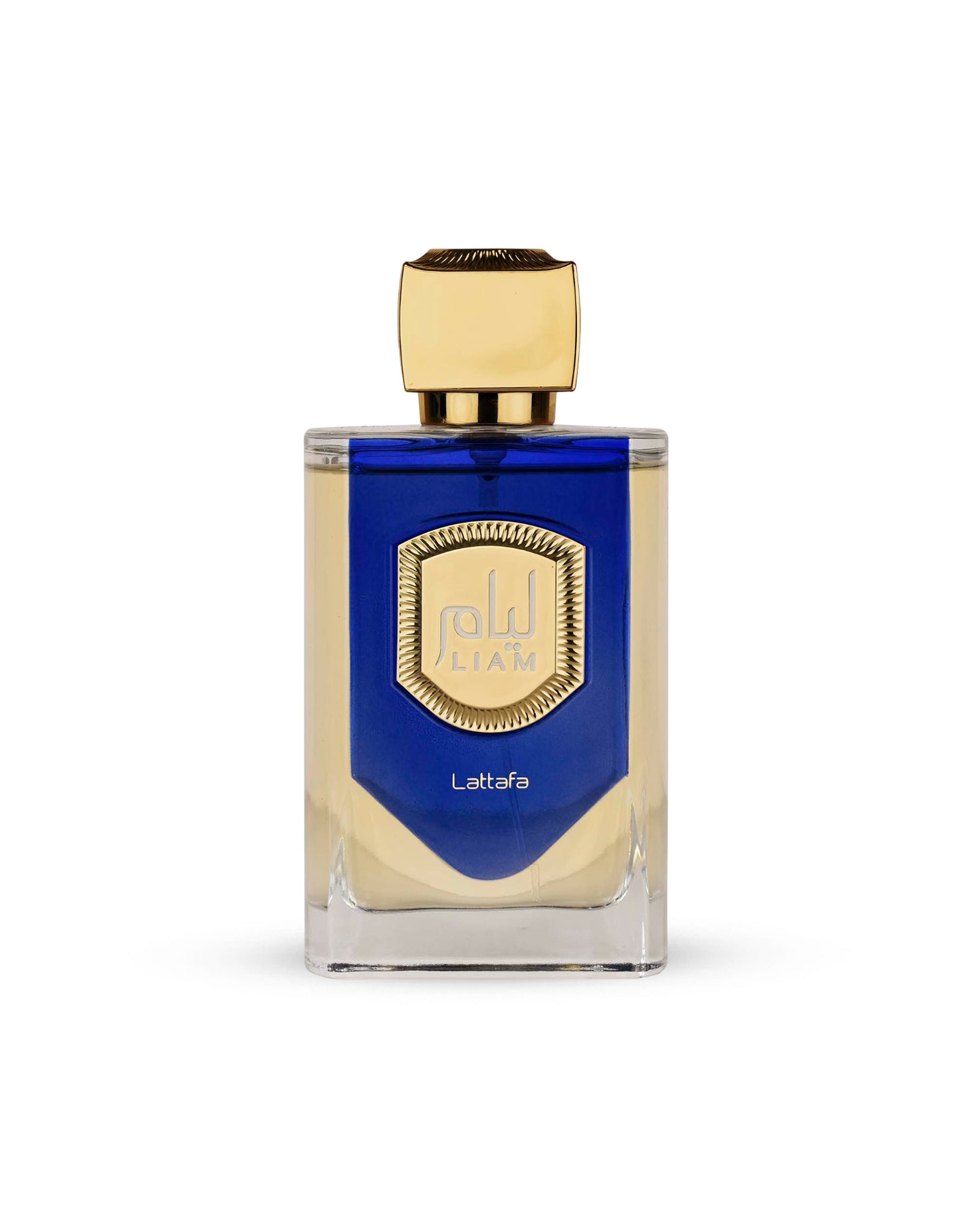 Lattafa liam blue shine Perfume bottle with blue label and gold accents on a white background