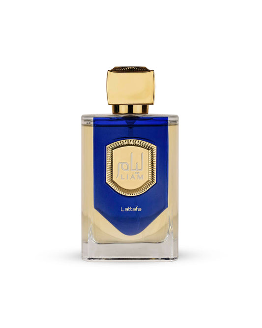 Lattafa liam blue shine Perfume bottle with blue label and gold accents on a white background