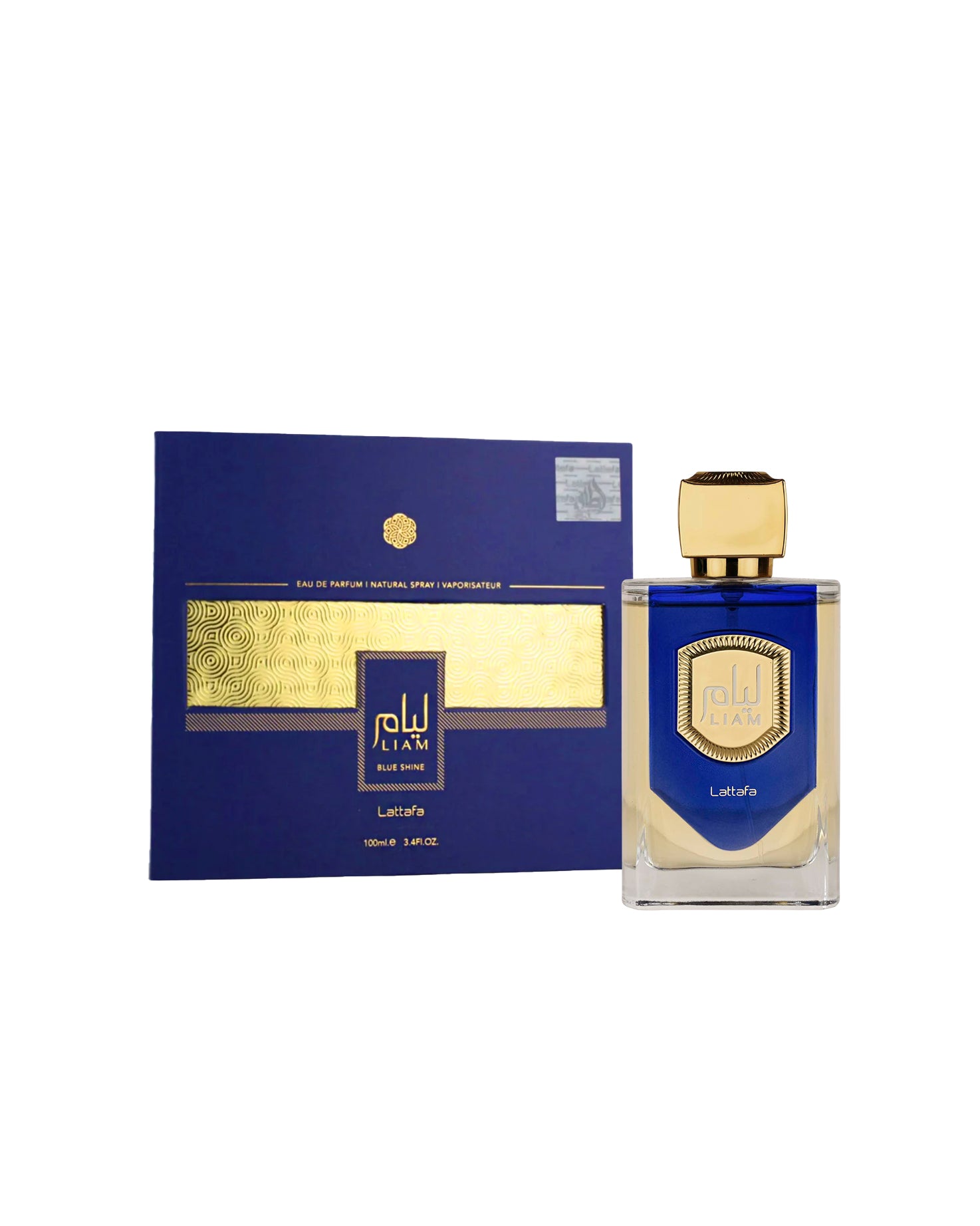 Lattafa liam blue shine Perfume bottle and packaging with gold and blue design on a white background