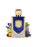 Lattafa liam blue shine Perfume bottle with gold cap and blue label surrounded by lavender, lime, and other elements on a white background