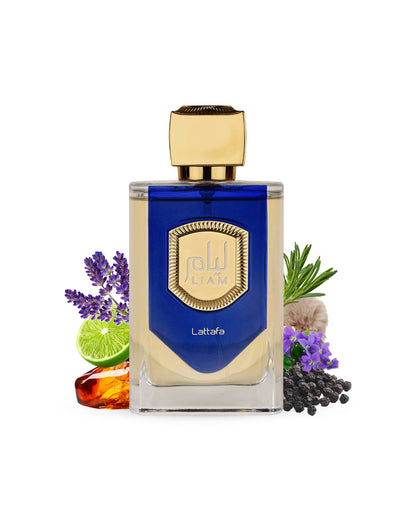 Lattafa liam blue shine Perfume bottle with gold cap and blue label surrounded by lavender, lime, and other elements on a white background
