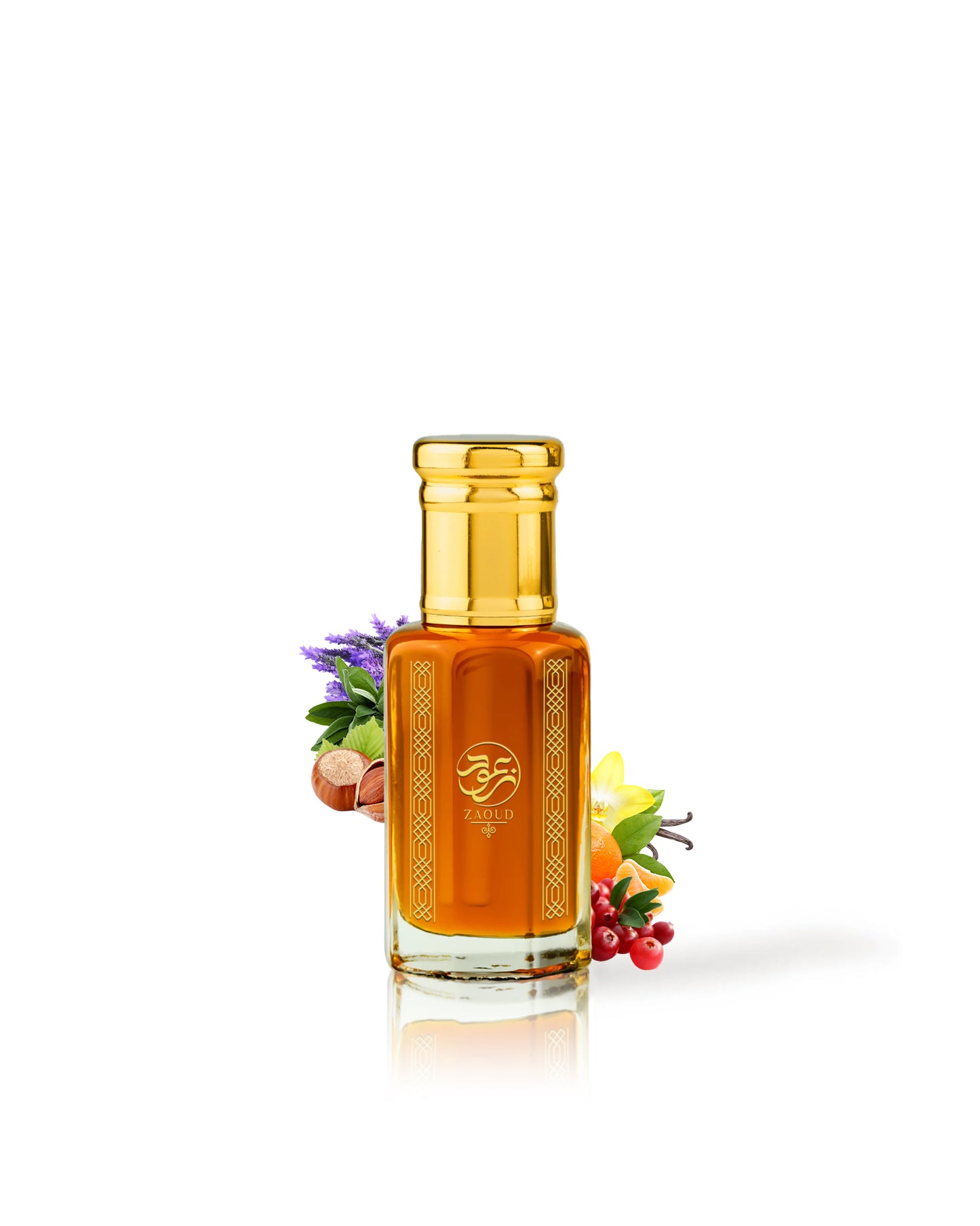 Liquid amber perfume oil bottle surrounded by fragrance notes like chestnut and pink pepper against whit ebackground