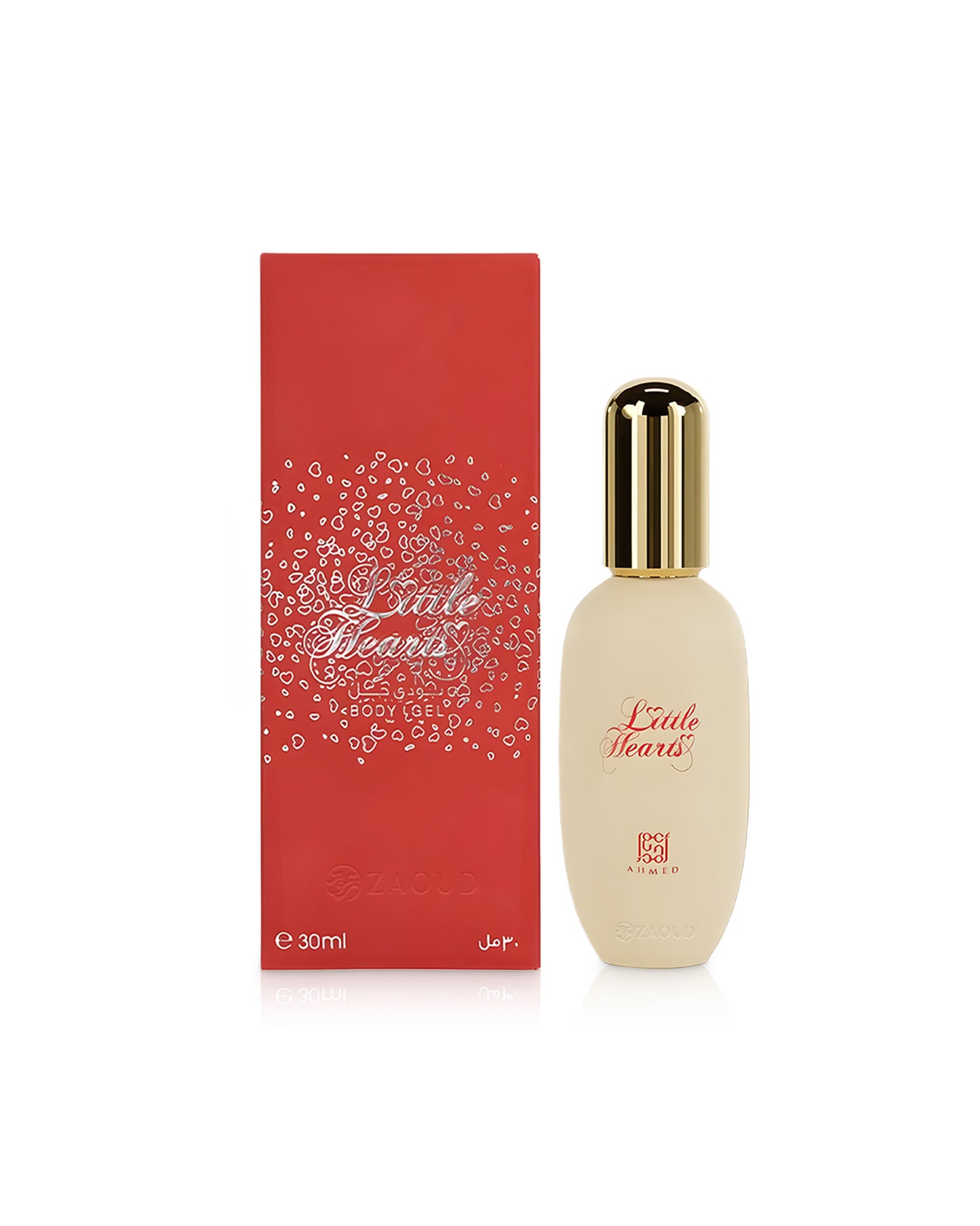 little hearts body gel bottle shows beside packaging against white background