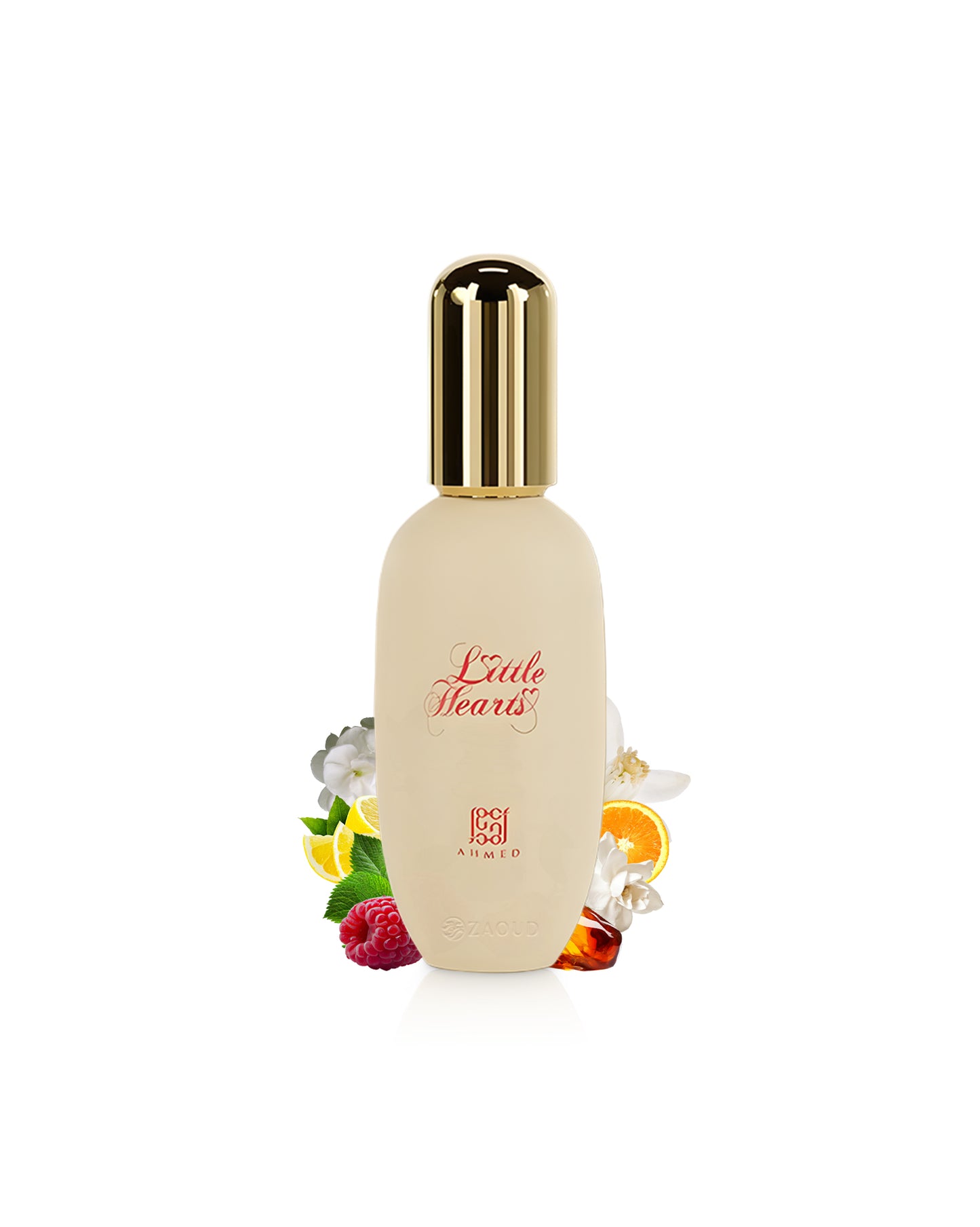 little hearts body gel bottle surrounded by fragrance notes like raspberry and amber shows against white background