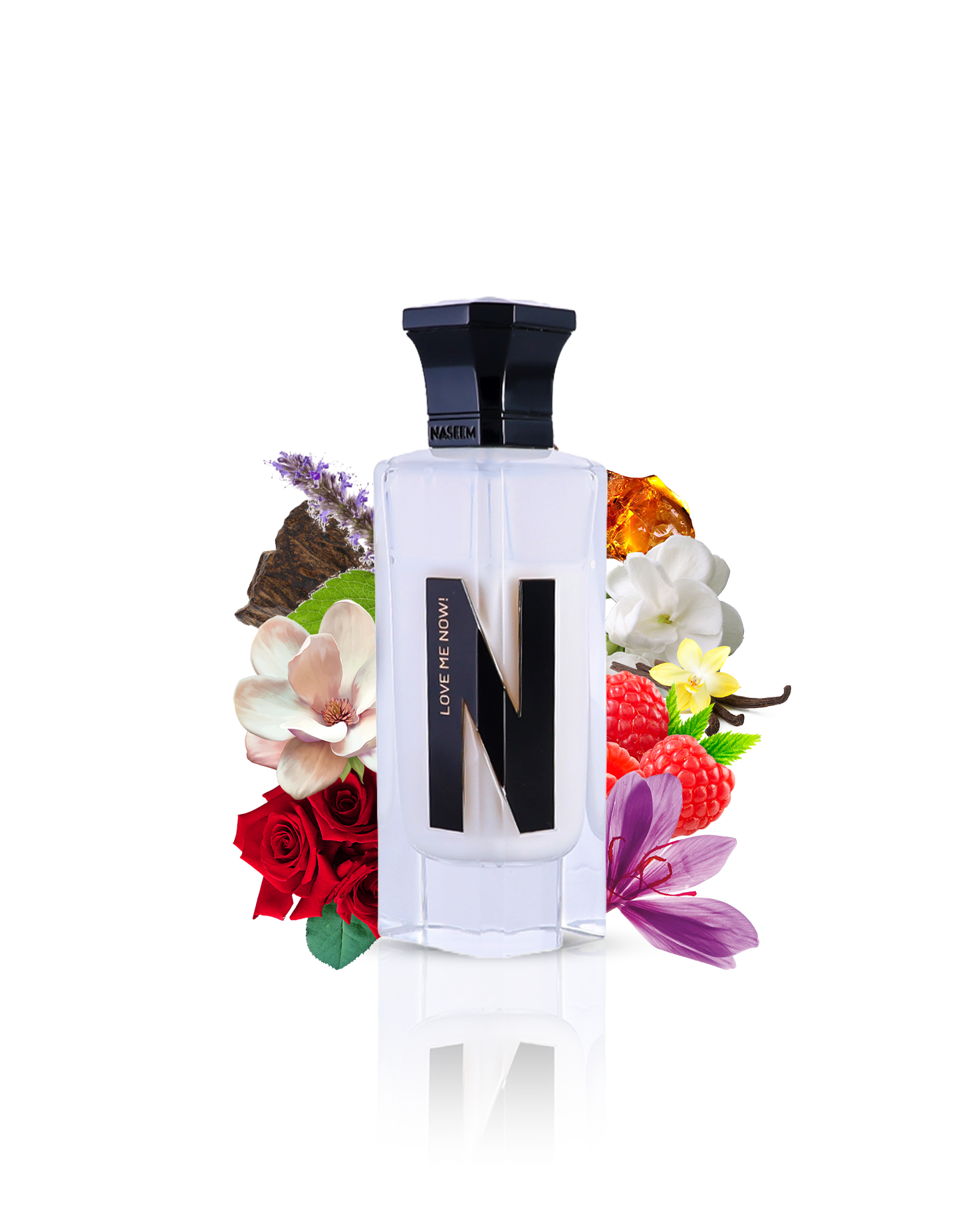 love me now aqua parfum bottle surrounded by grapefruits lemon against white background